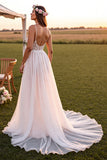 Branco Decote em V De Baile/Princesa Longos Vestido de Noiva Boho com Renda