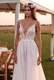 Branco Decote em V De Baile/Princesa Longos Vestido de Noiva Boho com Renda