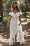 White Off the Shoulder Ruffle Chiffon Um Vestido de Noiva Linha