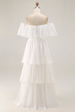 White Off the Shoulder Ruffle Chiffon Um Vestido de Noiva Linha