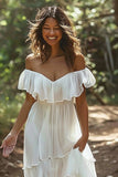 White Off the Shoulder Ruffle Chiffon Um Vestido de Noiva Linha