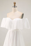 White Off the Shoulder Ruffle Chiffon Um Vestido de Noiva Linha