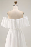 White Off the Shoulder Ruffle Chiffon Um Vestido de Noiva Linha