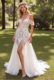 Branco Ombro Frio Renda Sweep/Brush Trem Vestido de Noiva Boho com Renda