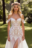Branco Ombro Frio Renda Sweep/Brush Trem Vestido de Noiva Boho com Renda