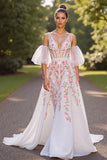 Branco Floral V Pescoço Uma Linha Vestido de Noiva com mangas destacáveis
