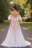 Branco Floral V Pescoço Uma Linha Vestido de Noiva com mangas destacáveis