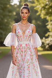 Branco Floral V Pescoço Uma Linha Vestido de Noiva com mangas destacáveis