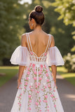 Branco Floral V Pescoço Uma Linha Vestido de Noiva com mangas destacáveis