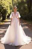 Branco Floral Meias Mangas Uma Linha Vestido de Noiva