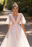 Branco Floral Meias Mangas Uma Linha Vestido de Noiva