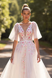 Branco Floral Meias Mangas Uma Linha Vestido de Noiva