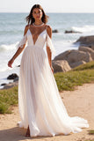 Uma linha branca ombro frio Chiffon Beach vestido de noiva