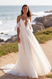 Uma linha branca ombro frio Chiffon Beach vestido de noiva