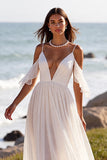 Uma linha branca ombro frio Chiffon Beach vestido de noiva