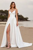 Cetim simples branco um vestido de noiva linha com fenda