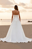 Cetim simples branco um vestido de noiva linha com fenda