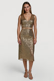 Brilhante Dourado Bodycon Lantejoulas Midi Vestido de Férias com Cinto