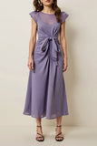 Cinzento Roxo Chiffon Linha-A Longos Vestido Para Casamento Convidada