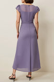 Cinzento Roxo Chiffon Linha-A Longos Vestido Para Casamento Convidada