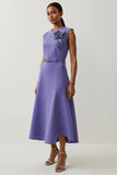Cetim roxo Uma linha de chá comprimento semi formal vestido com flor 3D