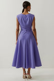 Cetim roxo Uma linha de chá comprimento semi formal vestido com flor 3D