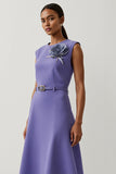 Cetim roxo Uma linha de chá comprimento semi formal vestido com flor 3D