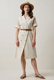 Damasco Uma Linha Notched Lapela Midi Vestido de Trabalho com Cinto