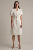 Vestido de trabalho Ivory Satin Notched Lapela Midi com cinto