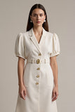 Vestido de trabalho Ivory Satin Notched Lapela Midi com cinto
