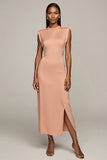 Blush bainha cetim longo vestido formal com fenda