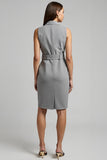 Cinzento Cetim Duplo Peito Midi Work Dress com cinto