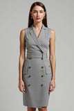 Cinzento Cetim Duplo Peito Midi Work Dress com cinto