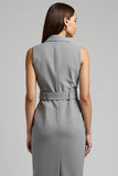 Cinzento Cetim Duplo Peito Midi Work Dress com cinto