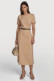 Camel cetim bodycon midi vestido de trabalho com mangas