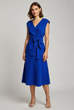 Azul Real Decote em V Linha-A Midi Vestido Para Casamento Convidada