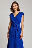 Azul Real Decote em V Linha-A Midi Vestido Para Casamento Convidada
