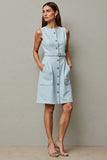 Azul Claro Lápis Sem Mangas Belt Mini Vestido Trabalho