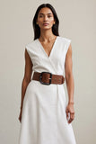 Branco Decote em V Linha-A Sem Mangas Longos Vestido Trabalho com Cinto