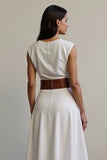 Branco Decote em V Linha-A Sem Mangas Longos Vestido Trabalho com Cinto
