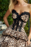 Khaki Leopard estampado babado vestido curto Homecoming com renda