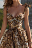Sparkly Khaki Leopard estampado frisado vestido curto Homecoming