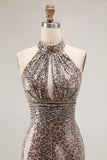 Glitter Golden Leopard Sereia Halter Long Prom Dress com Fenda