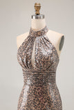 Glitter Golden Leopard Sereia Halter Long Prom Dress com Fenda