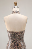 Glitter Golden Leopard Sereia Halter Long Prom Dress com Fenda