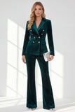Dark Green Peak Lapela 2-Piece Velvet Double Breasted Mulheres Prom Suits