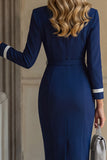 Vestido de Trabalho Midi Manga Comprida Lapela Entalhada Azul