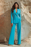 Blue Peak Lapel 2 peças cetim mulheres ternos de baile com bolsos