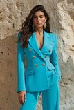 Blue Peak Lapel 2 peças cetim mulheres ternos de baile com bolsos