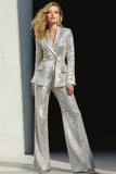 Prata Brilhante 2 Peças Sequins Notched Lapela Mulheres Prom Suits